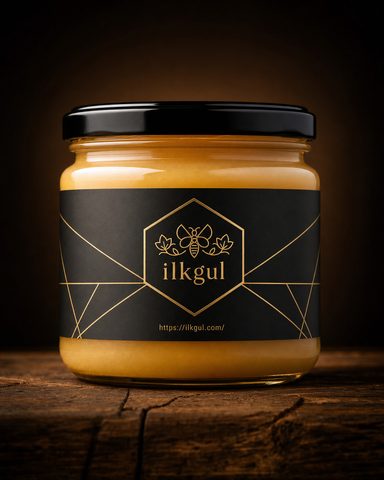Warm Cinematic Honey Jar Rustic Wood Gold Hexagon Label